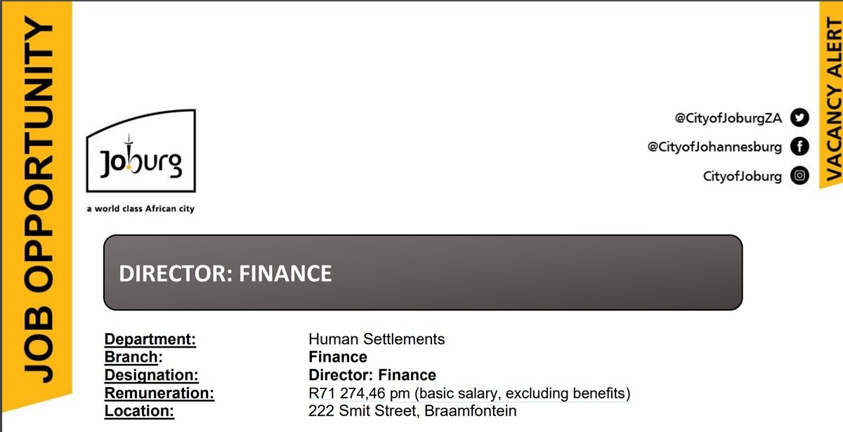 Jobs in Johannesburg 6 The Department of Human Settlements is hiring Finance- Requirements: Grade 12 plus degree in Accounting