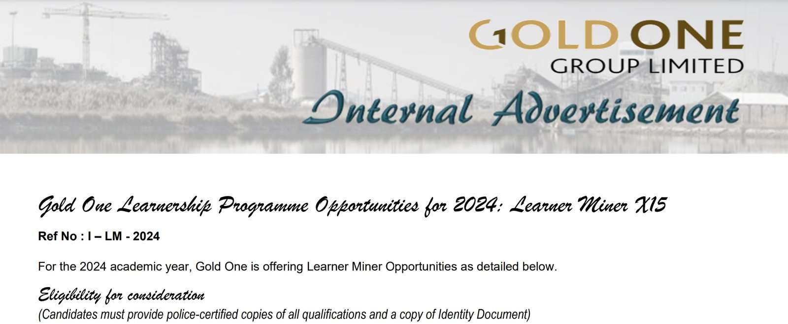 Read more about the article Gold One Learnership: ( x15 Learner Miner posts Opportunities for 2024)